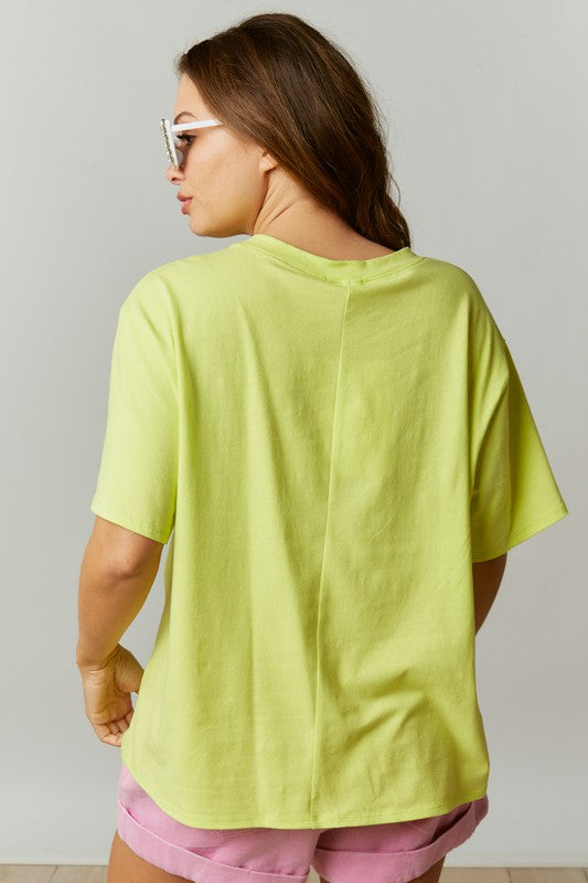 Cotton Jersey Ribbon Pocket Top Lime Green