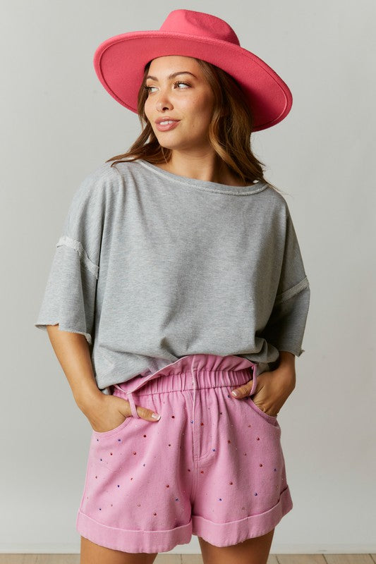 Color Block Tee with Back Bow Detail Grey