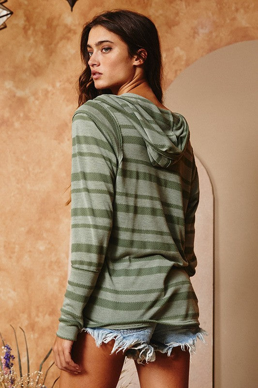 Stripe Button Up Hooded Top Olive