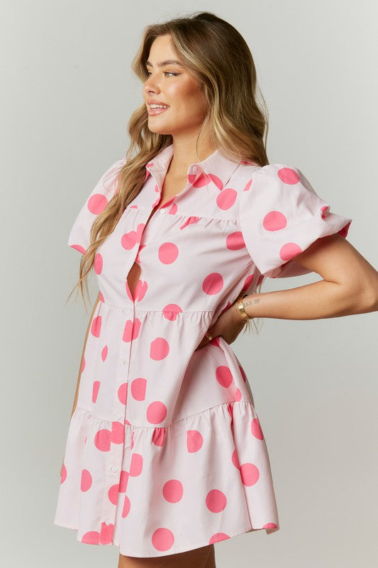 Dot Print Babydoll Shirt Dress Pink
