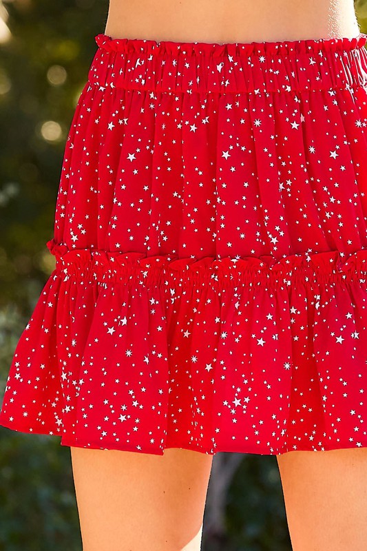 Elastic Waist Ruffle Star Print Skirt Red