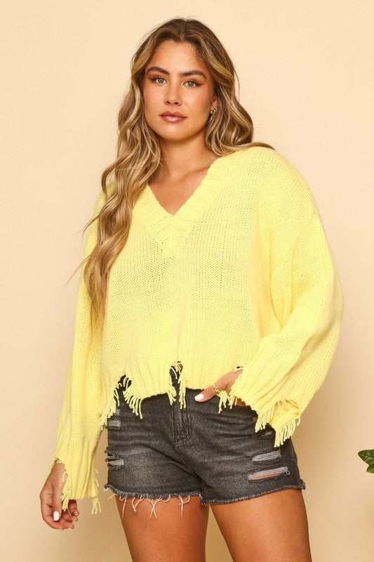 Frayed Knit Crop Sweater Yellow