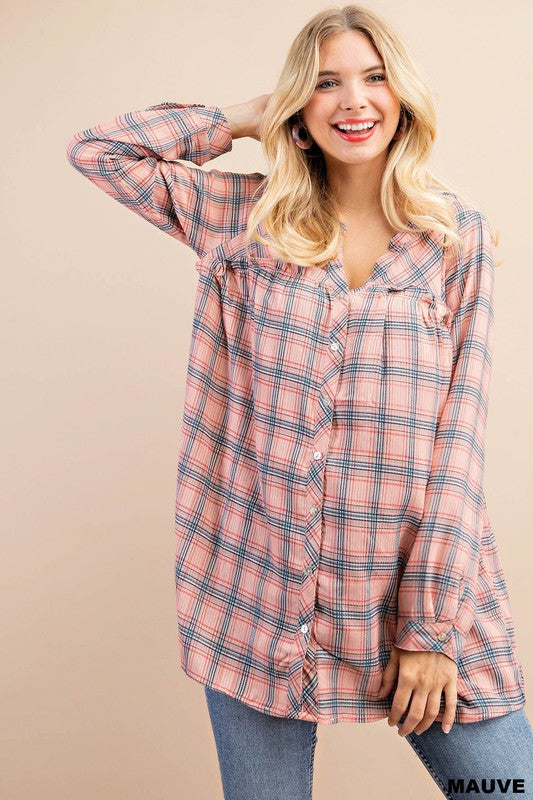 Plaid Button Down Blouse Mauve