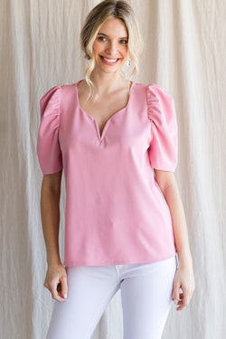 Solid Puff Sleeve Sweetheart Top Candy Pink