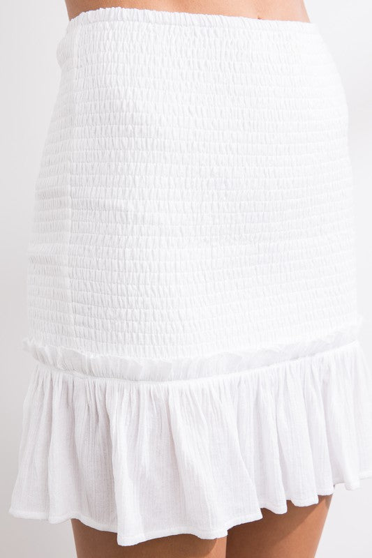 Smocked Ruffle Mini Skirt Off White