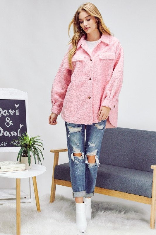 Solid Button Down Shacket Pink