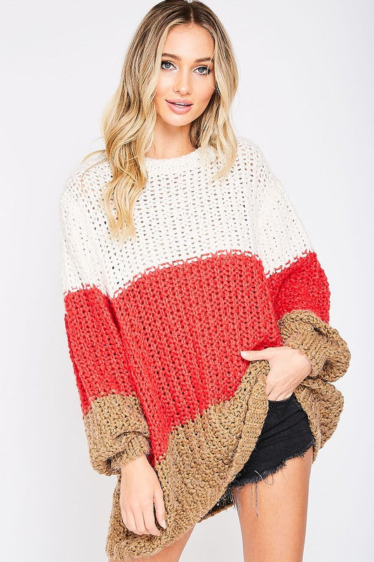 Color Blocked Sweater Cream/Red/Mocha