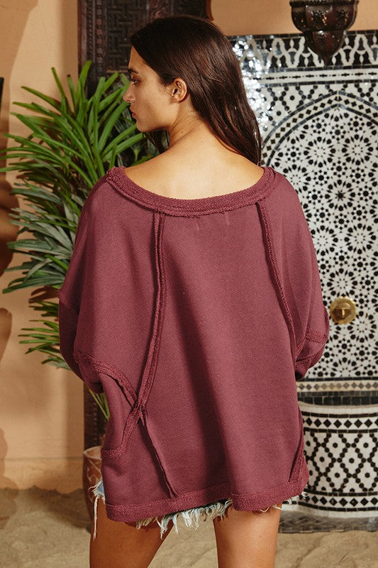 Solid Raw Edge Detail Top Burgundy