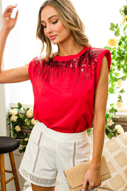 Sleeveless Padded Shoulder Sequin Top Red
