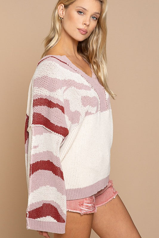 Color Block Camo Print Sweater Strawberry