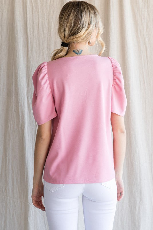 Solid Puff Sleeve Sweetheart Top Candy Pink