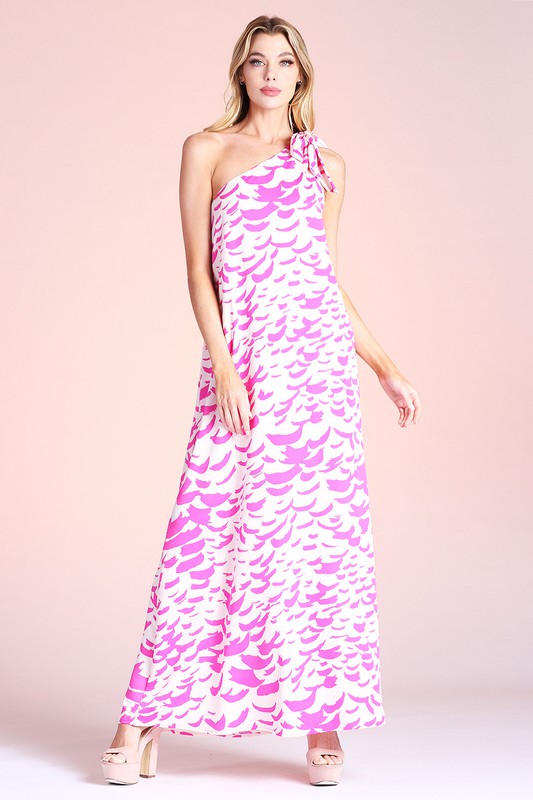 Falling Feathers One Shoulder Maxi Dress Pink
