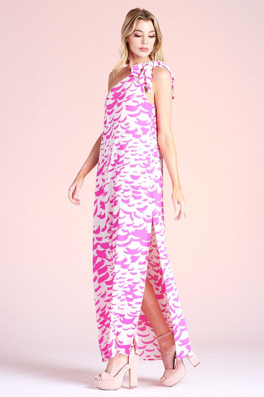 Falling Feathers One Shoulder Maxi Dress Pink