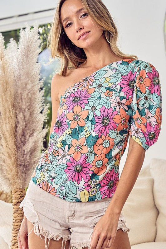 Retro Floral Puff Sleeve One Shoulder Blouse Multi
