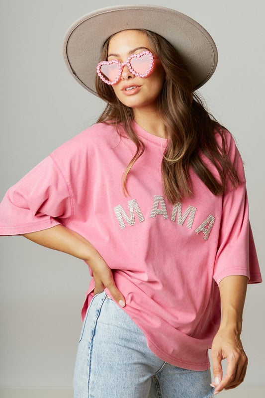 Embellished MAMA Patch Tee Pink