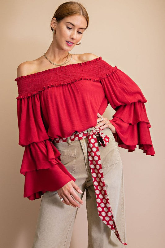 Triple Ruffle Sleeve Off Shoulder Top Red
