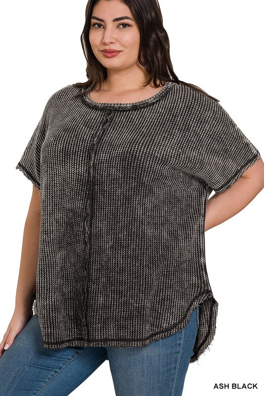 Washed Waffle Knit Top Plus Black