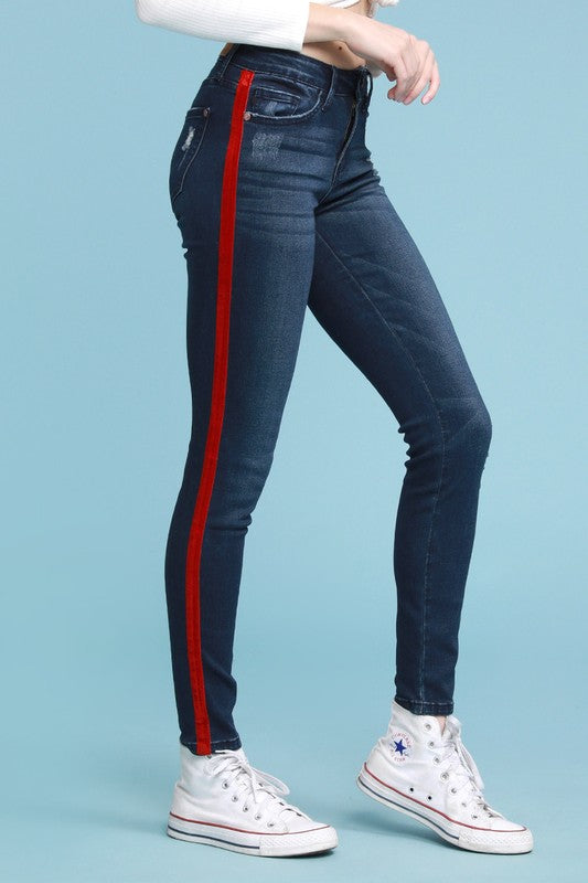 Red Velvet Tape Skinny Jeans Denim