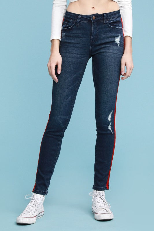 Red Velvet Tape Skinny Jeans Denim