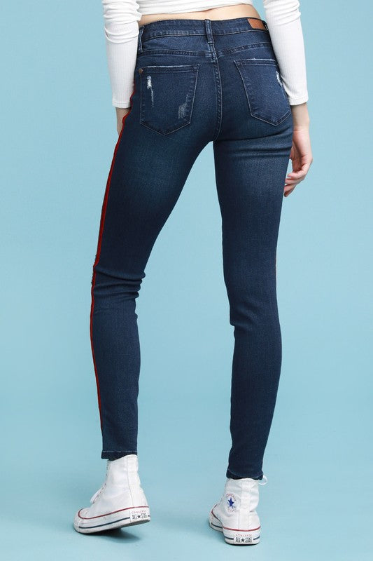 Red Velvet Tape Skinny Jeans Denim