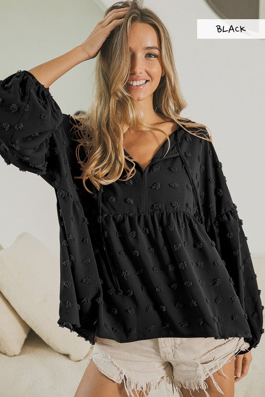 Hair Ball V-Neck Tiered Top Black