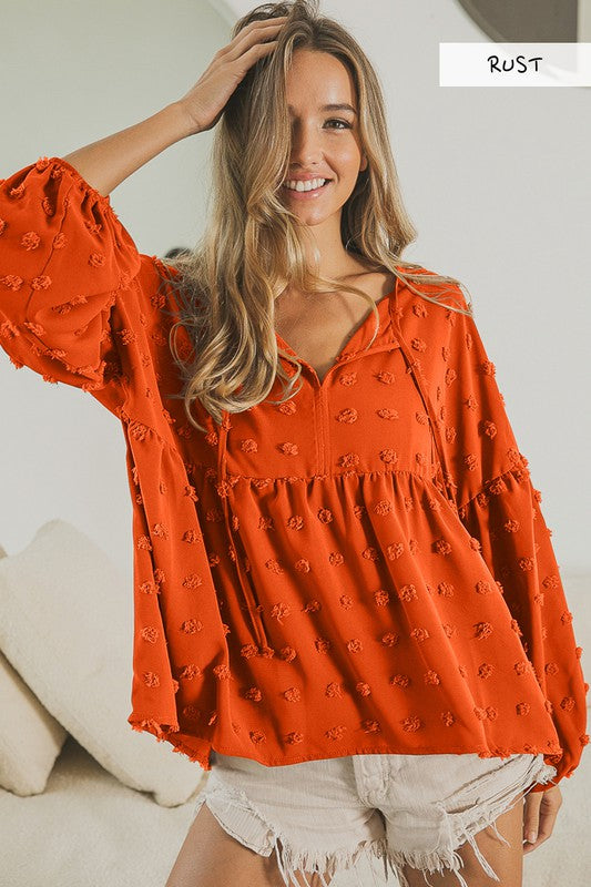 Hair Ball V-Neck Tiered Top Rust
