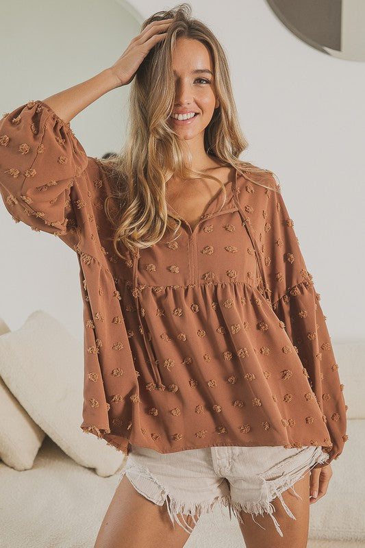 Hair Ball V-Neck Tiered Top Camel