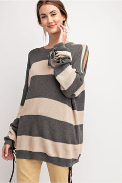 Stripe Printed Cold Shoulder Sweater Tunic Grey - Athens Georgia Women's Fashion Boutique