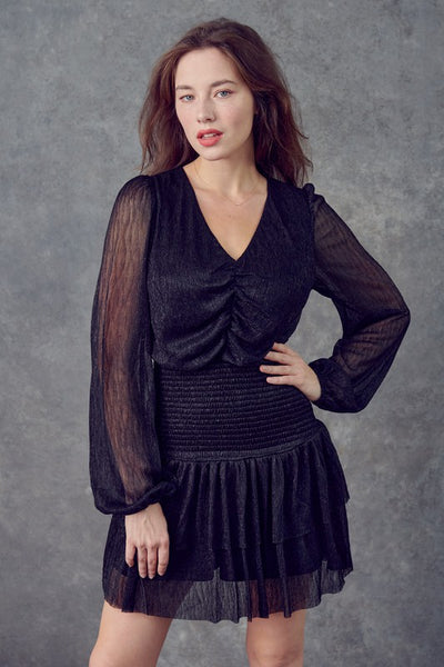 Ruched Metallic Mini Dress Black