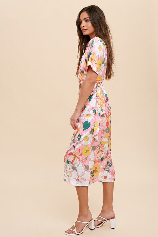 Floral Collared Wrap Midi Dress Pink