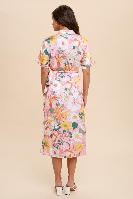 Floral Collared Wrap Midi Dress Pink