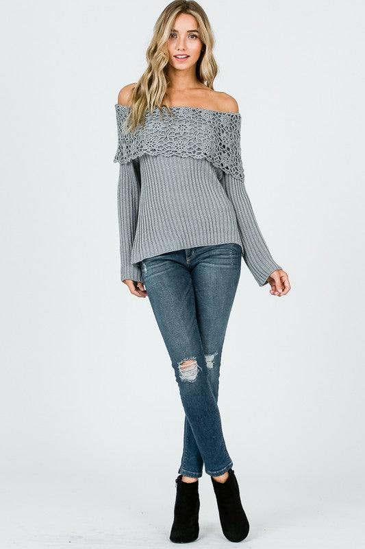 Boho Crochet Collar Off Shoulder Top Grey - Athens Georgia Women's Fashion Boutique