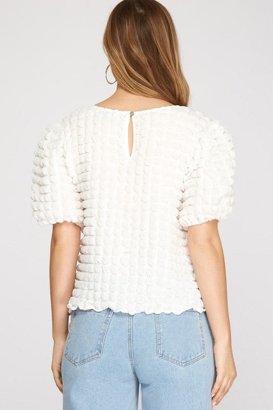 Short Sleeve Bubble Textured Knit Top Off White