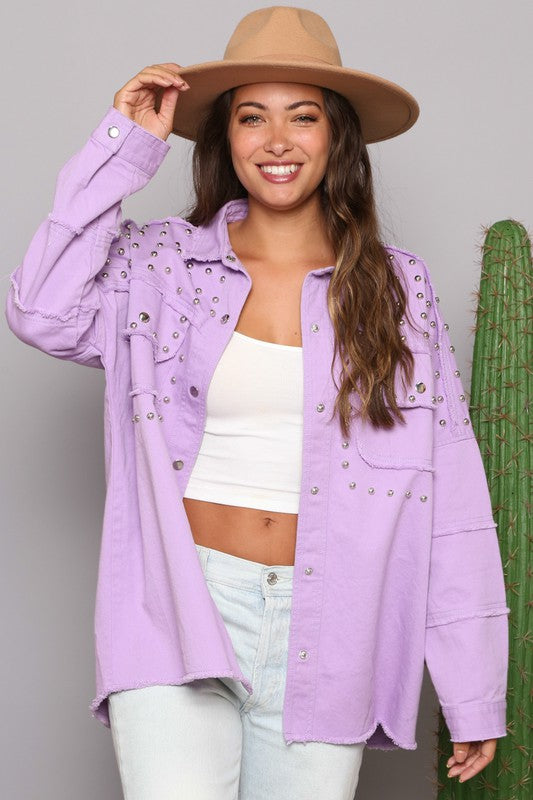 Studded Frayed Shacket Baby Lilac
