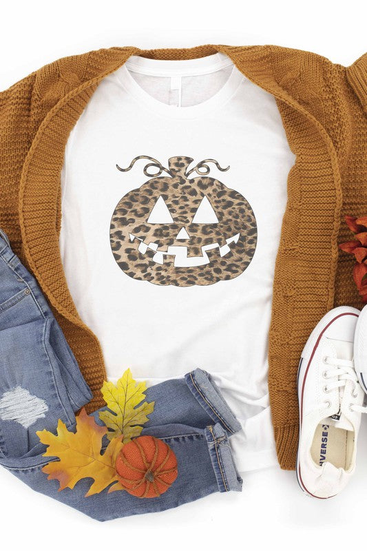 Leopard Halloween Pumpkin Graphic Tee White