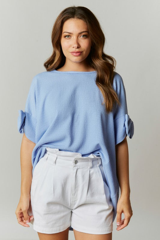 Bow On Sleeve Loose Fit Top Blue