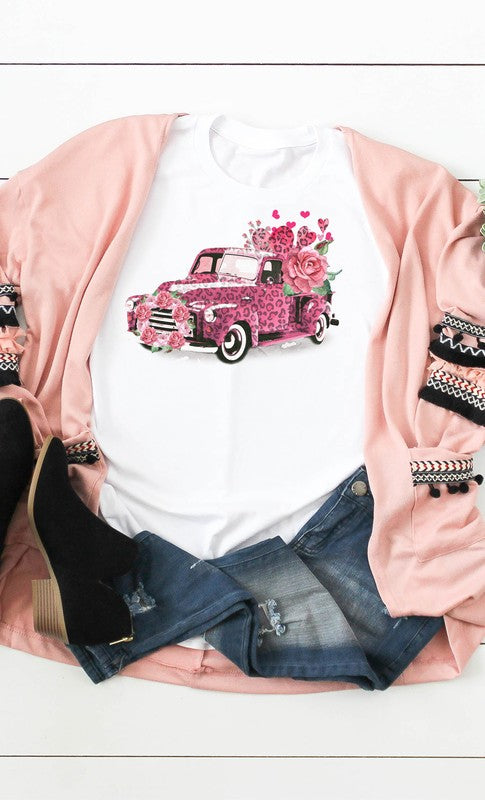 Pink Leopard Valentine Truck Flowers Tee White