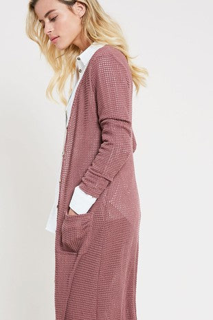 Waffle Knit Long Sleeve Cardigan Red Bean - Athens Georgia Women's Fashion Boutique