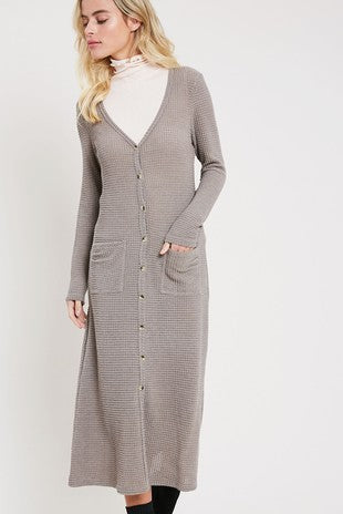 Waffle Knit Long Sleeve Cardigan Charcoal - Athens Georgia Women's Fashion Boutique