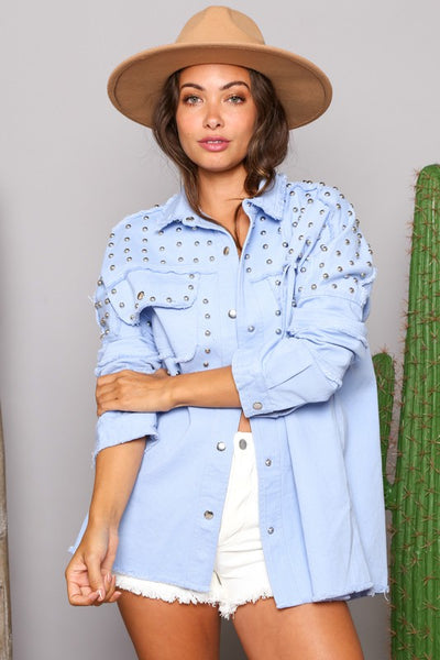 Studded Frayed Shacket Baby Blue - Southern Fashion Boutique Bliss