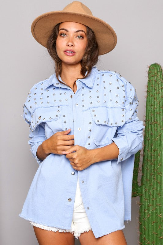 Studded Frayed Shacket Baby Blue
