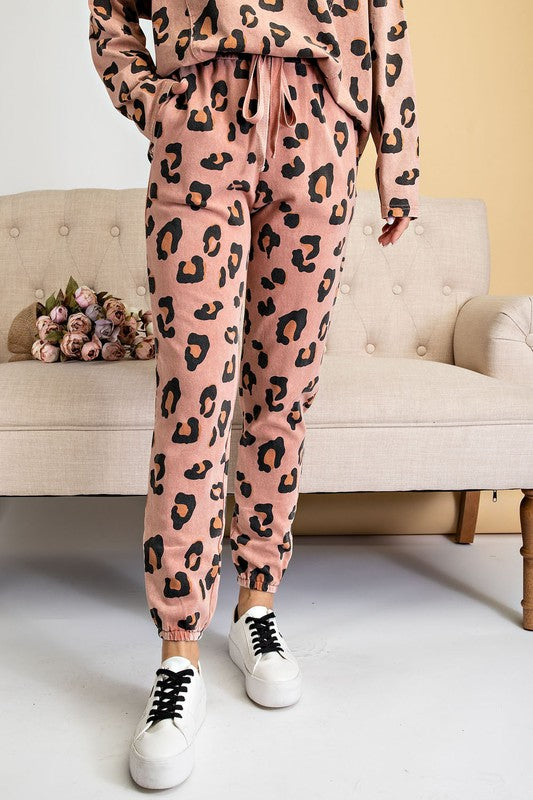Washed Leopard Print Terry Knit Pants Cinnamon