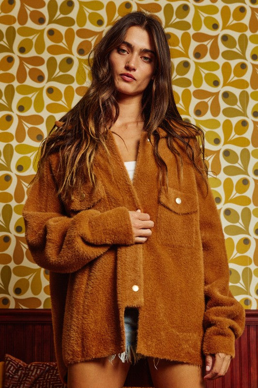 Solid Soft Fur Oversized Jacket Camel