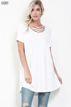 Criss Cross Front Short Sleeve Tunic/Dress Ivory - Southern Fashion Boutique Bliss Criss Cross Front Short Sleeve Tunic/Dress Ivory - Southern Fashion Boutique Bliss