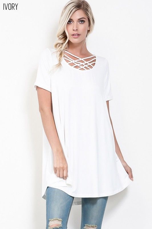 Criss Cross Front Short Sleeve Tunic/Dress Ivory - Athens Georgia Women's Fashion Boutique