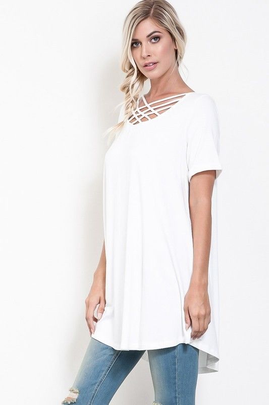 Criss Cross Front Short Sleeve Tunic/Dress Ivory - Athens Georgia Women's Fashion Boutique