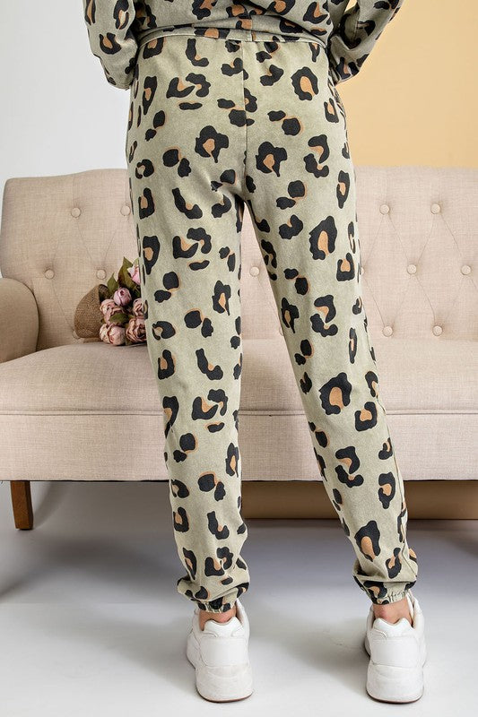 Washed Leopard Print Terry Knit Pants Olive