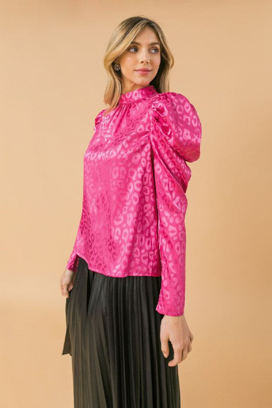 Puff Sleeve Jacquard Satin Top Hot Pink - Southern Fashion 