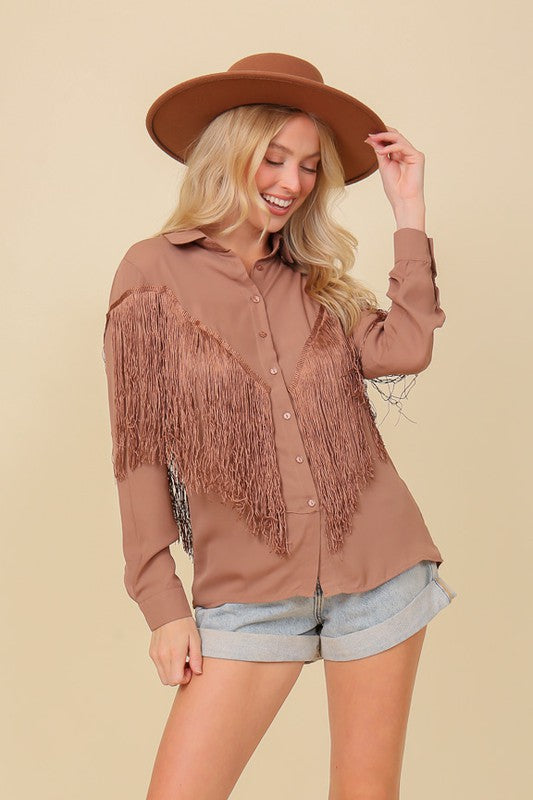 Button Down Fringe Blouse Top Mocha