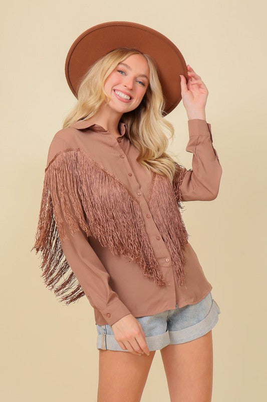 Button Down Fringe Blouse Top Mocha